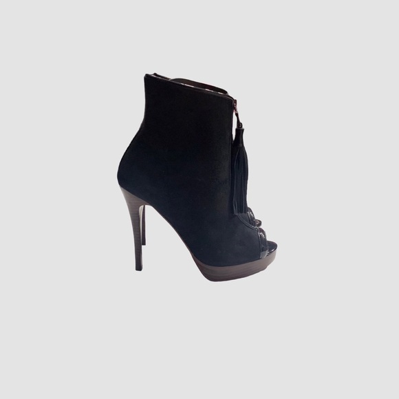 L’AGENCE BLACK SUEDE STILETTO ANKLE BOOT WITH FRONT ZIPPER CLOSURE AND TUSSLE - Picture 9 of 16